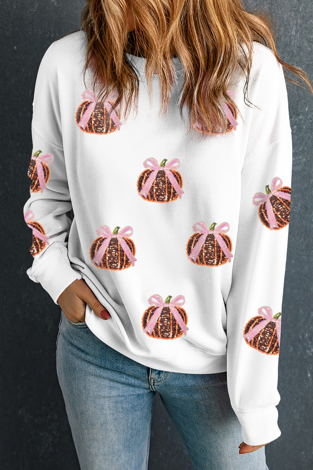 White Colorful Pumpkin Sequin Patched Drop Shoulder Sweatshirt