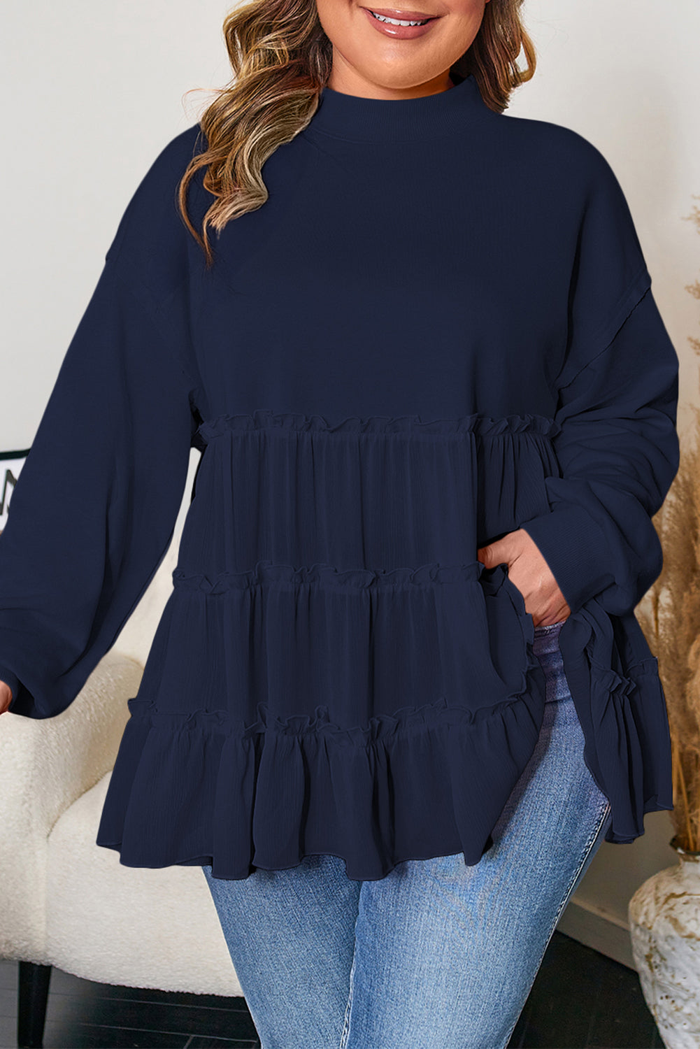 Pink Tiered Ruffle Ribbed Crew Neck Pullover Plus Size Top