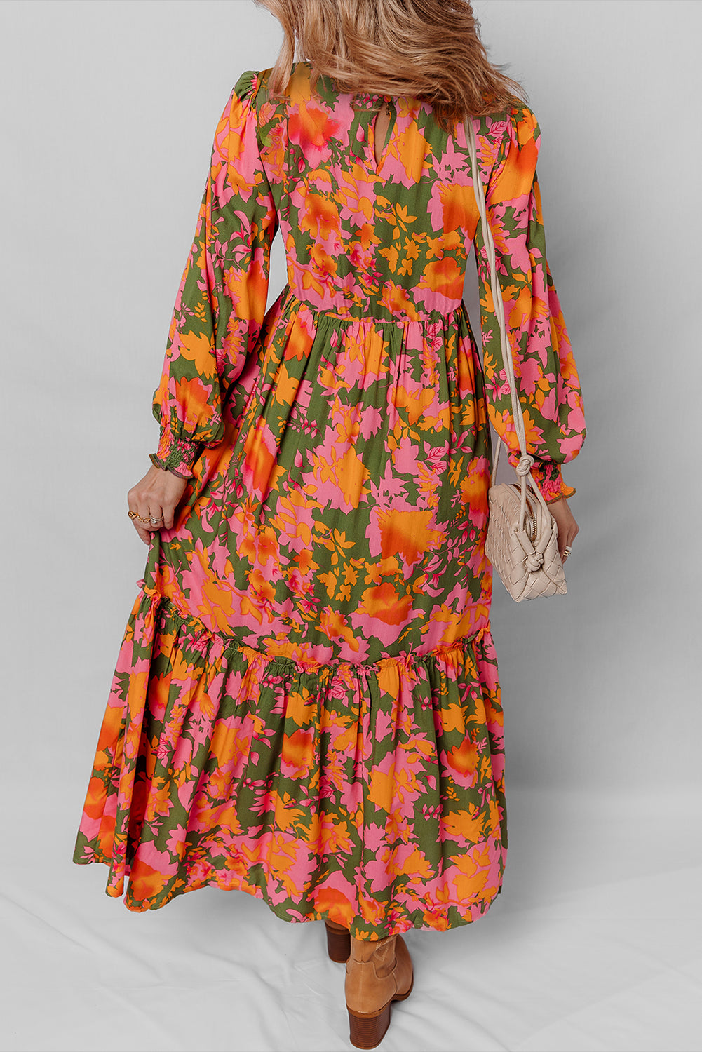 Multicolour Floral Print Long Sleeve Smocked Ruffled Mini Dress