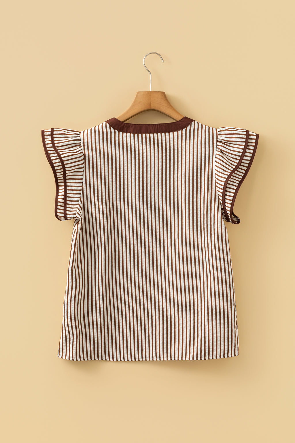 Brown Stripe Double Ruffled Short Sleeve Contrast Trim V Neck Midi Dress