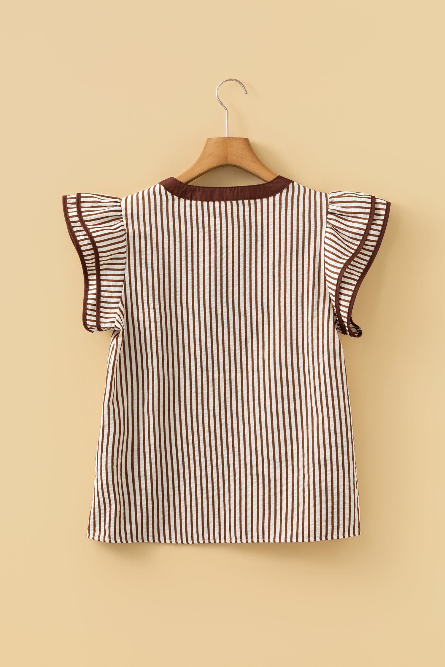 Brown Stripe Double Ruffled Short Sleeve Contrast Trim V Neck Midi Dress