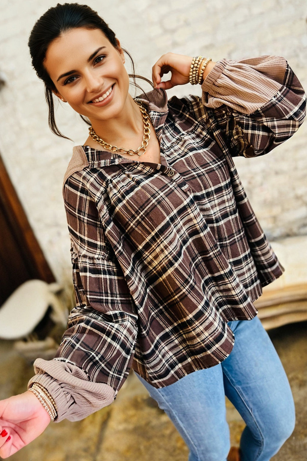 Gray Plaid Patchwork Long Sleeve Button Hooded Blouse