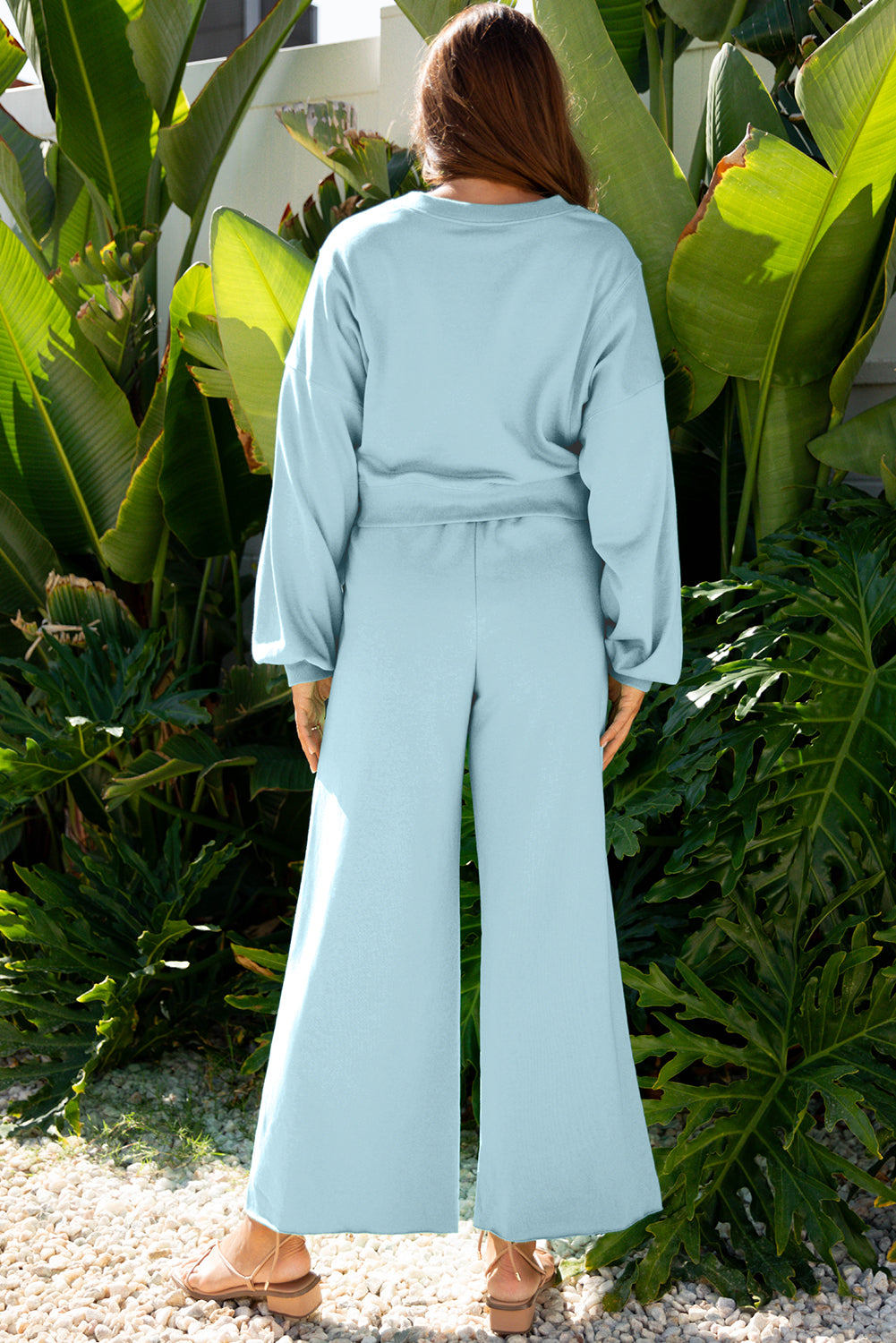 Bright Green Drop Shoulder Puff Sleeve Crop Pullover Drawstring Wide Leg Pants Set