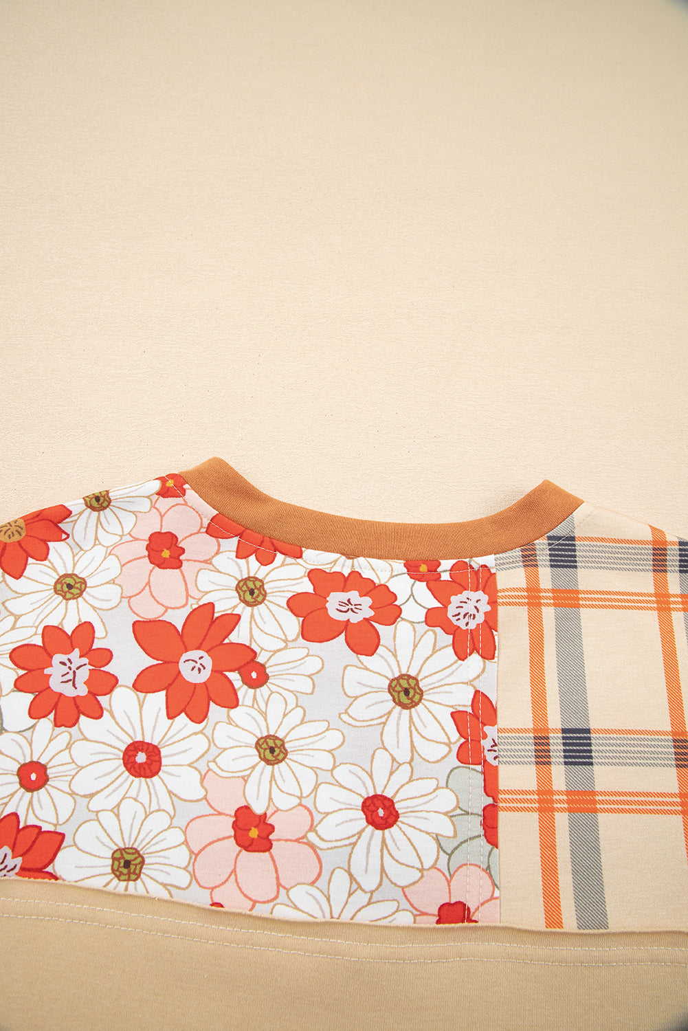 Parchment Floral Plaid Patchwork Casual Top