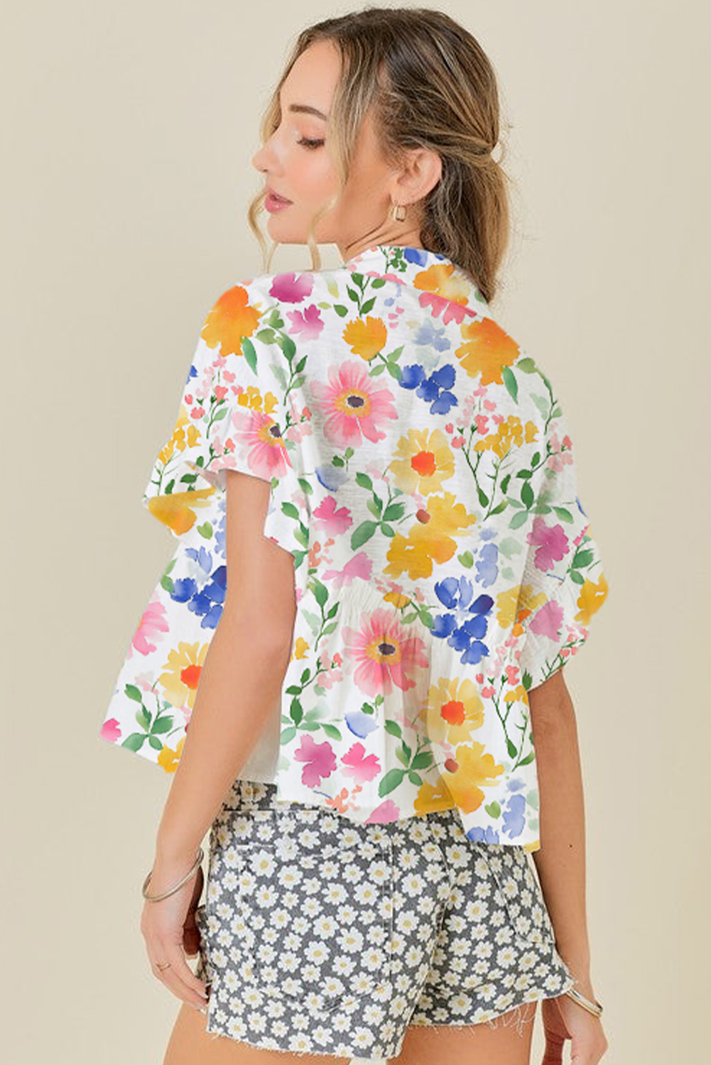 Pink Floral Boxy Fit Ruffled Short Sleeve V Neck Blouse