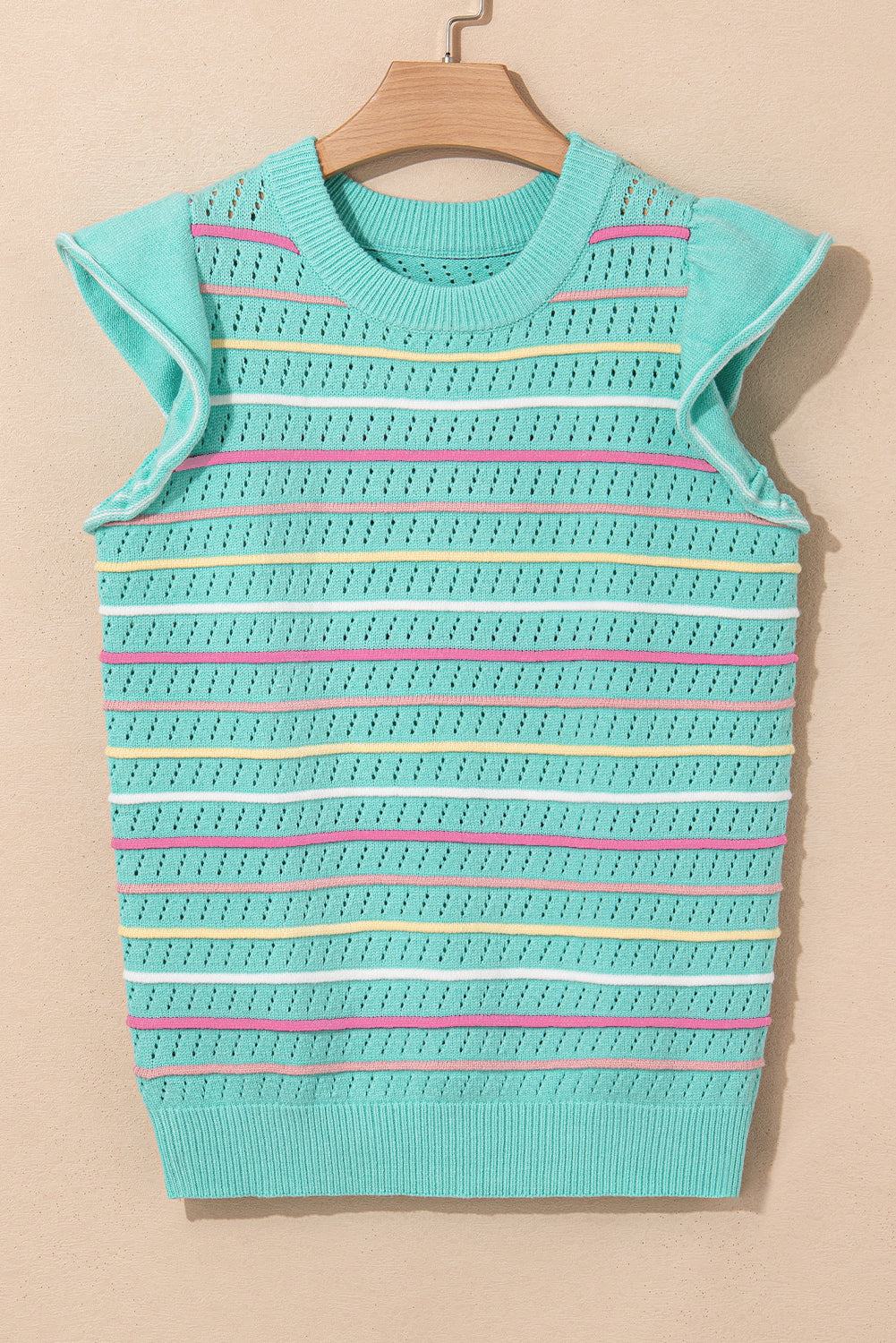 Oatmeal Colorful Striped Eyelet Knit Ruffled Sleeve Sweater T Shirt