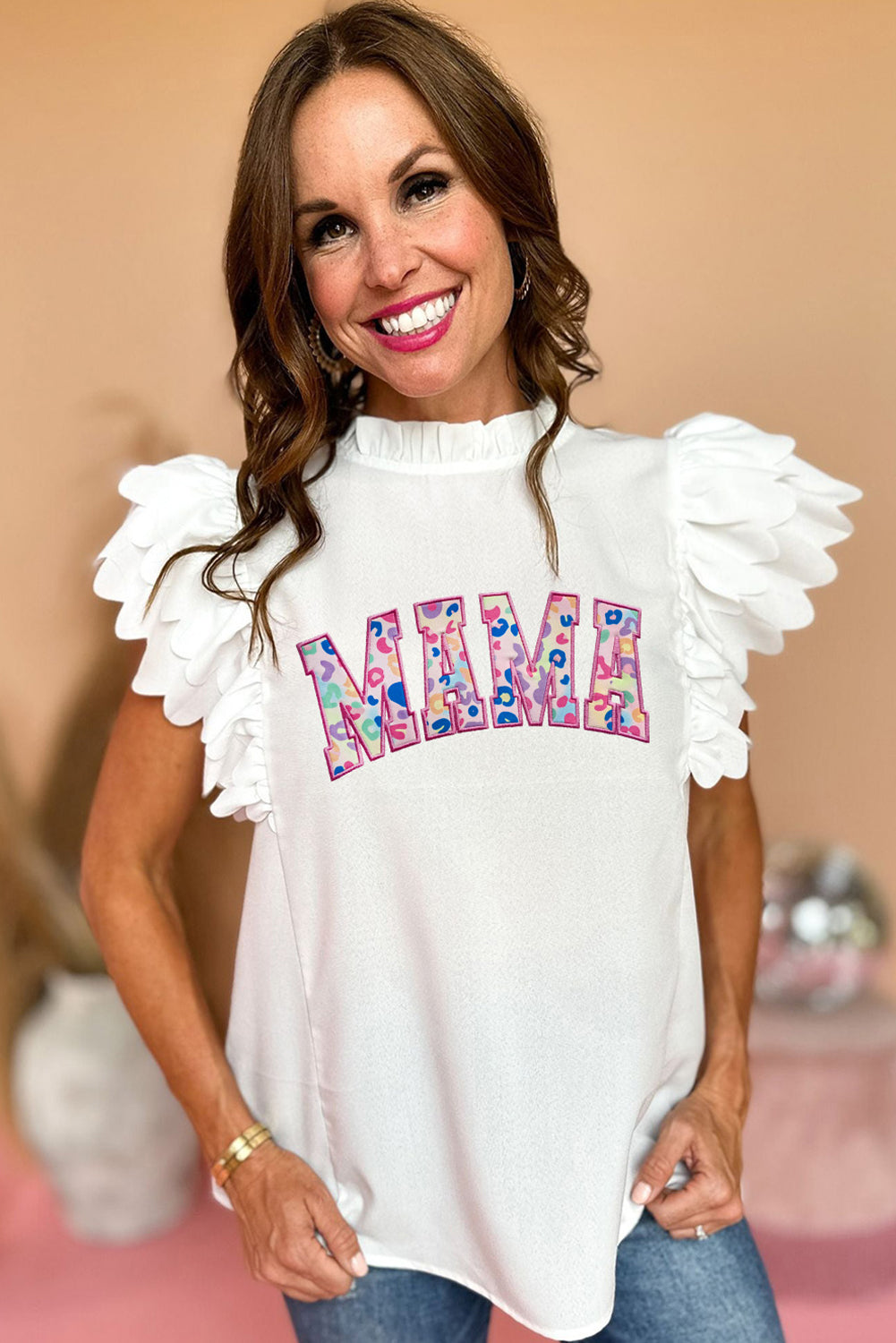 Bright Pink Solid Color Scalloped Ruffle Sleeve Top