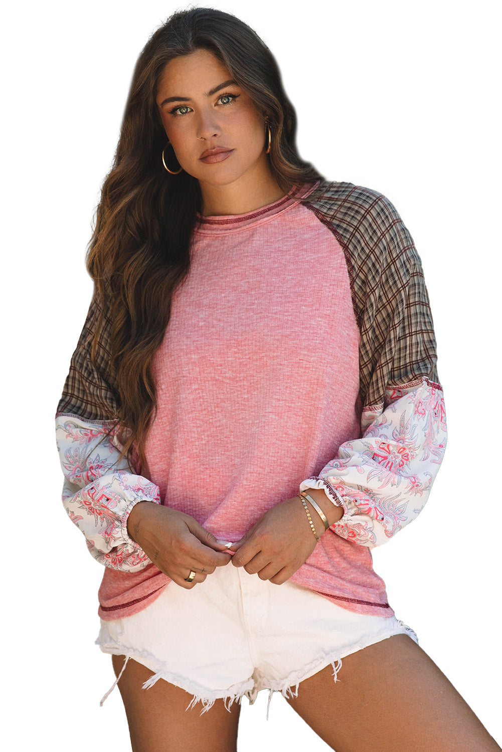Fushia Mixed Print Raglan Sleeve Ribbed Knit Patchwork Blouse