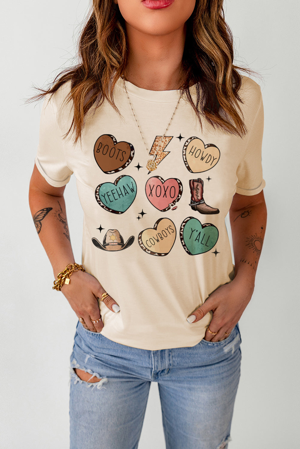 Red Leopard Striped Heart Shaped Print Crew Neck T Shirt