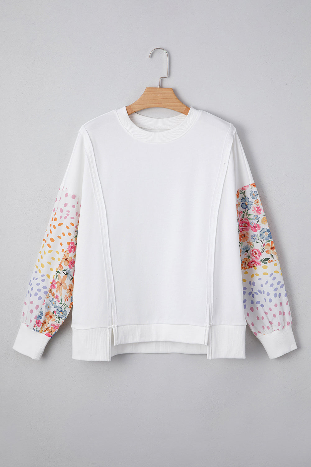 White Plus Size Exposed Seam Detail Contrast Dot Floral Patchwork Sleeve Sweatshirt
