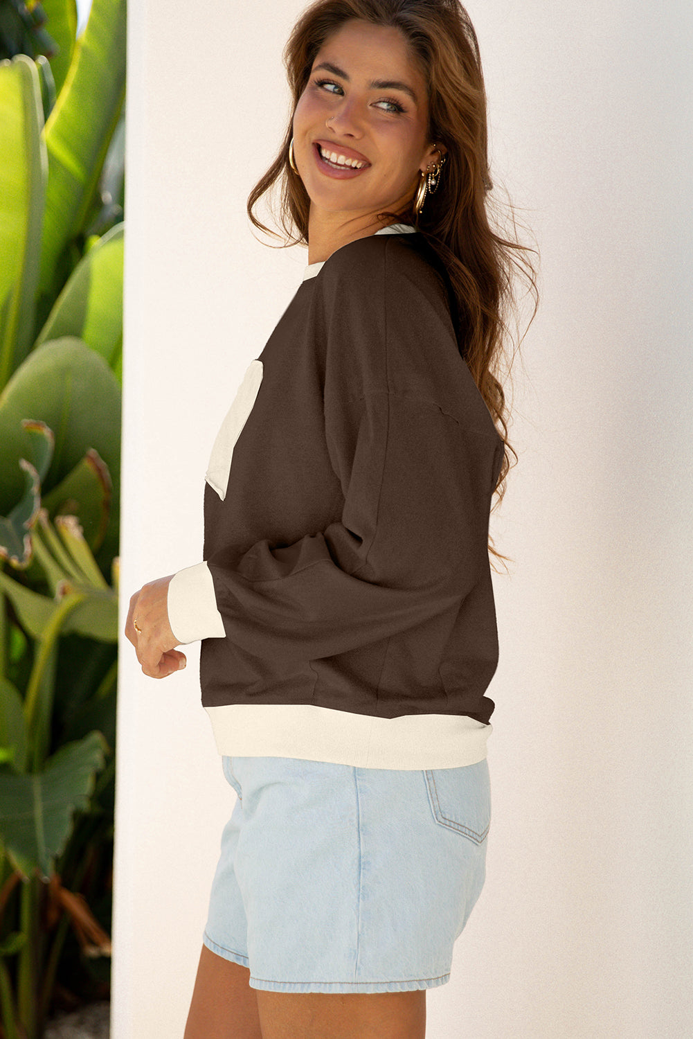Beige Raw Edge Flower Patch Drop Shoulder Casual Top