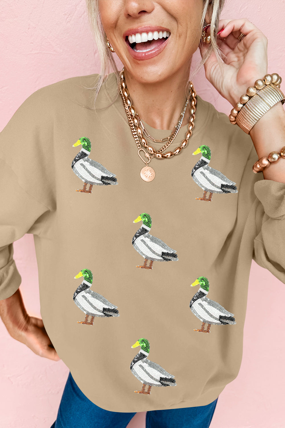 Khaki Sequin Mallard Duck Graphic Baggy Sweatshirt