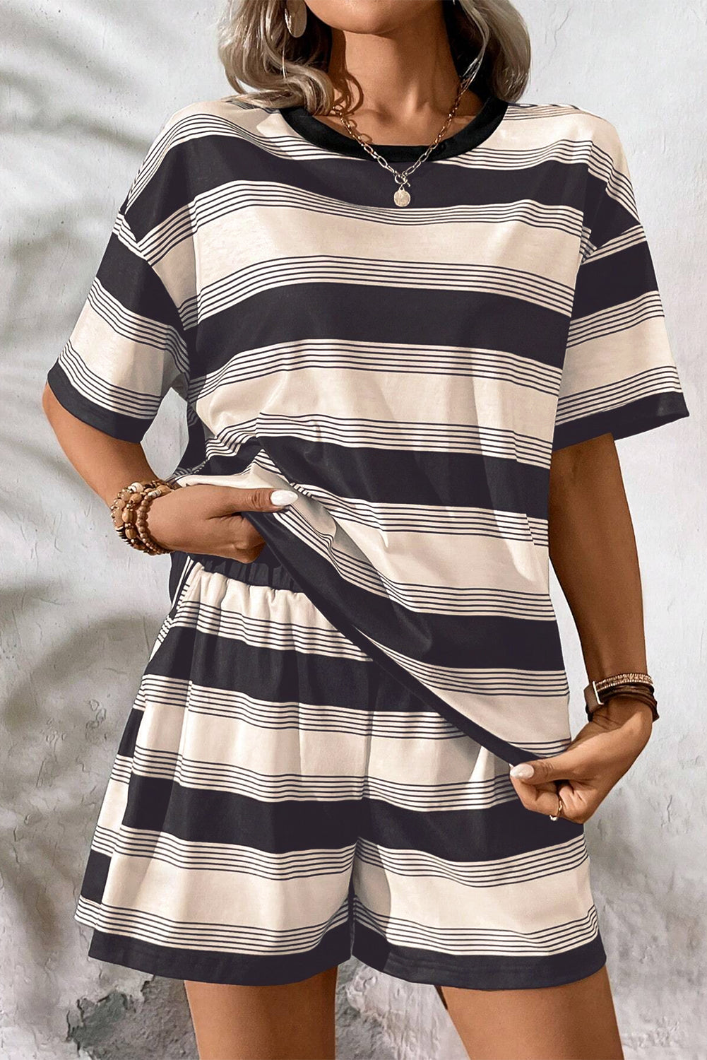 Black Stripe Short Sleeve T Shirt and High Waist Pocketed Shorts Set