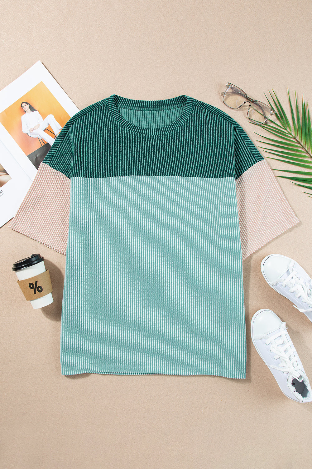 Pink Color Block Ribbed Side Slits Half Sleeve Top