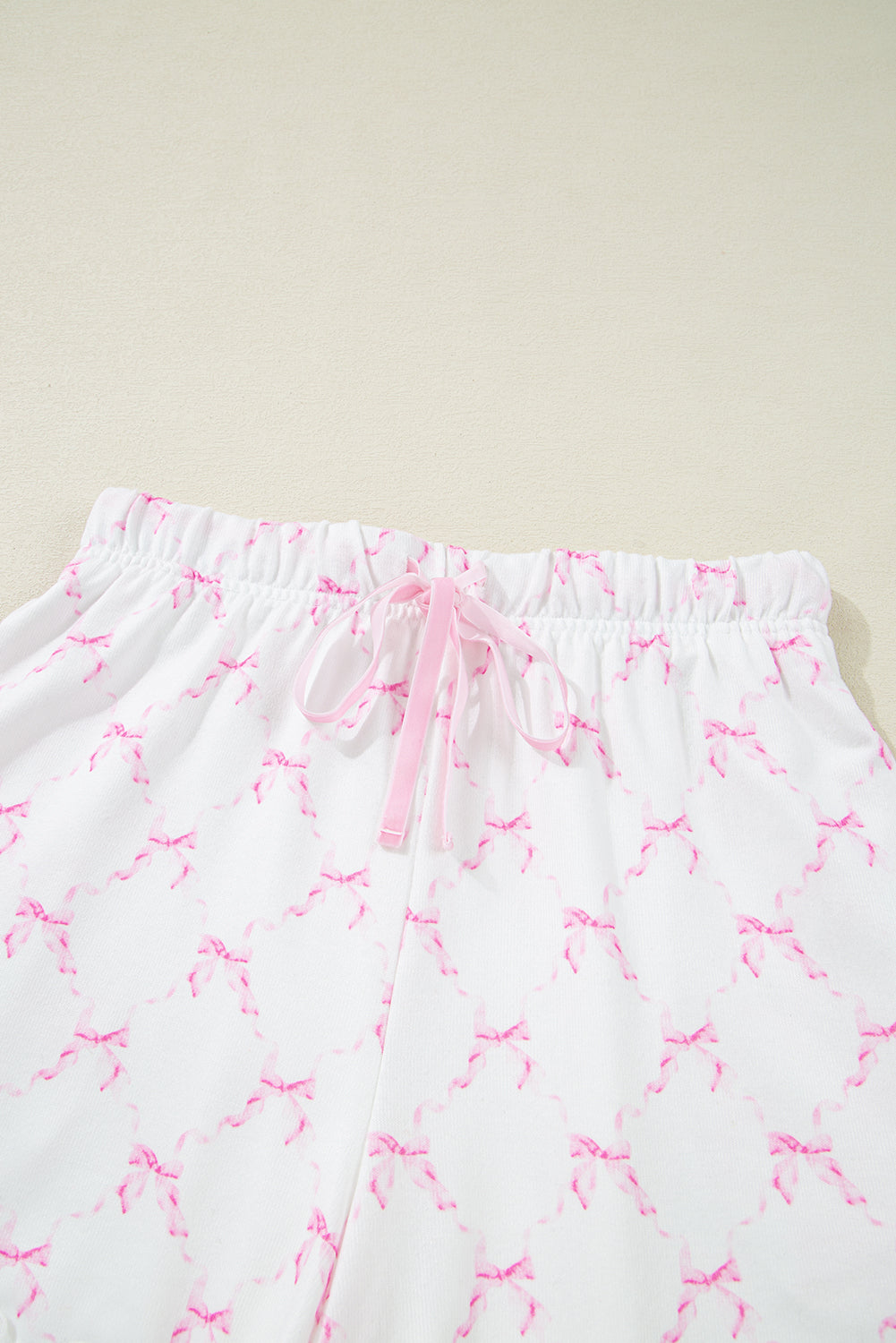 Pink Bow Knot Geometric Print Lettuce Trim Two Piece Lounge Set