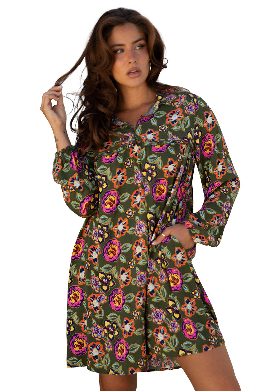 Green Plus Size Floral Print Collared V Neck Loose Mini Dress