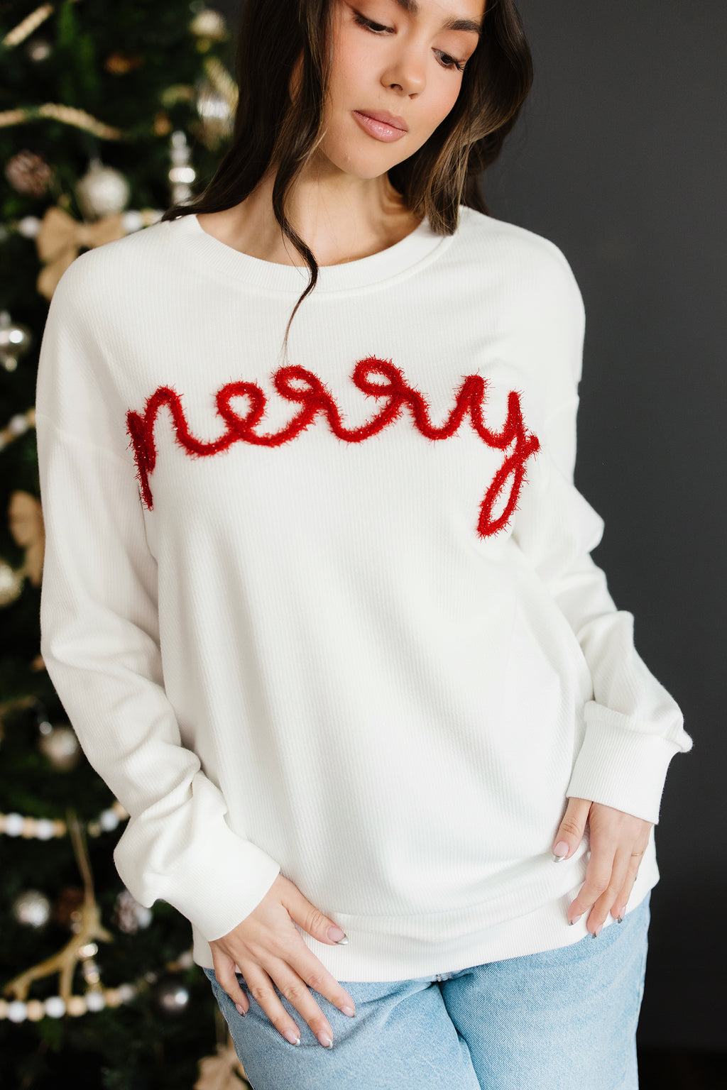 White Merry Tinsel Letter Embroidery Ribbed Drop Shoulder Sweatshirt