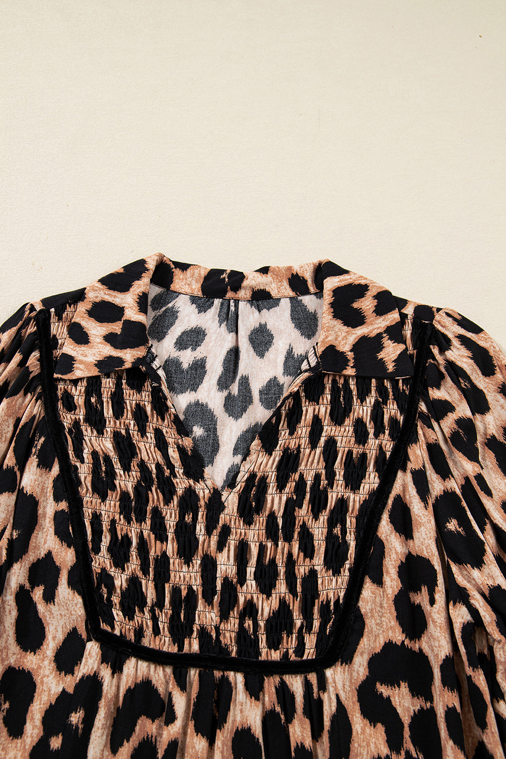 Four Leaf Clover Collared V Neck Smocked Detail Contrast Leopard Trim Bracelet Sleeve Long Dress