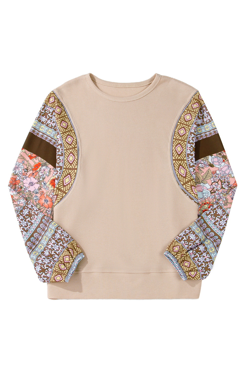 Parchment Contrast Floral Patchwork Puff Sleeve Waffle Knit Top