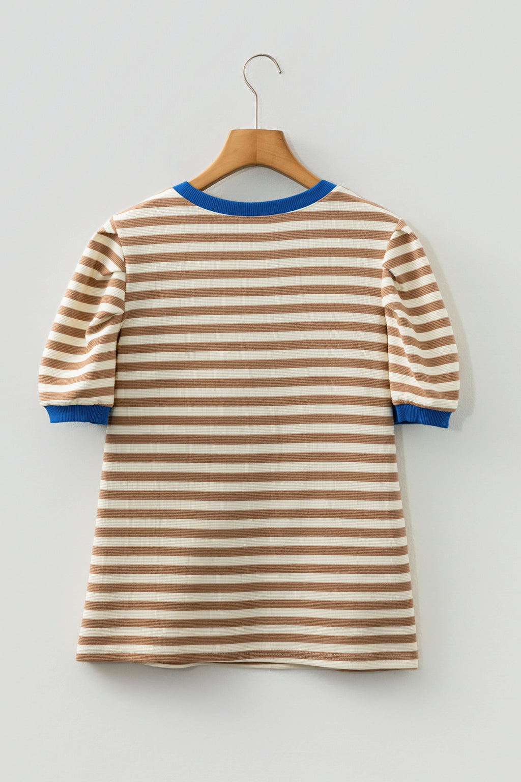 Green Stripe Short Puff Sleeve Contrast Trim Round Neck Tee