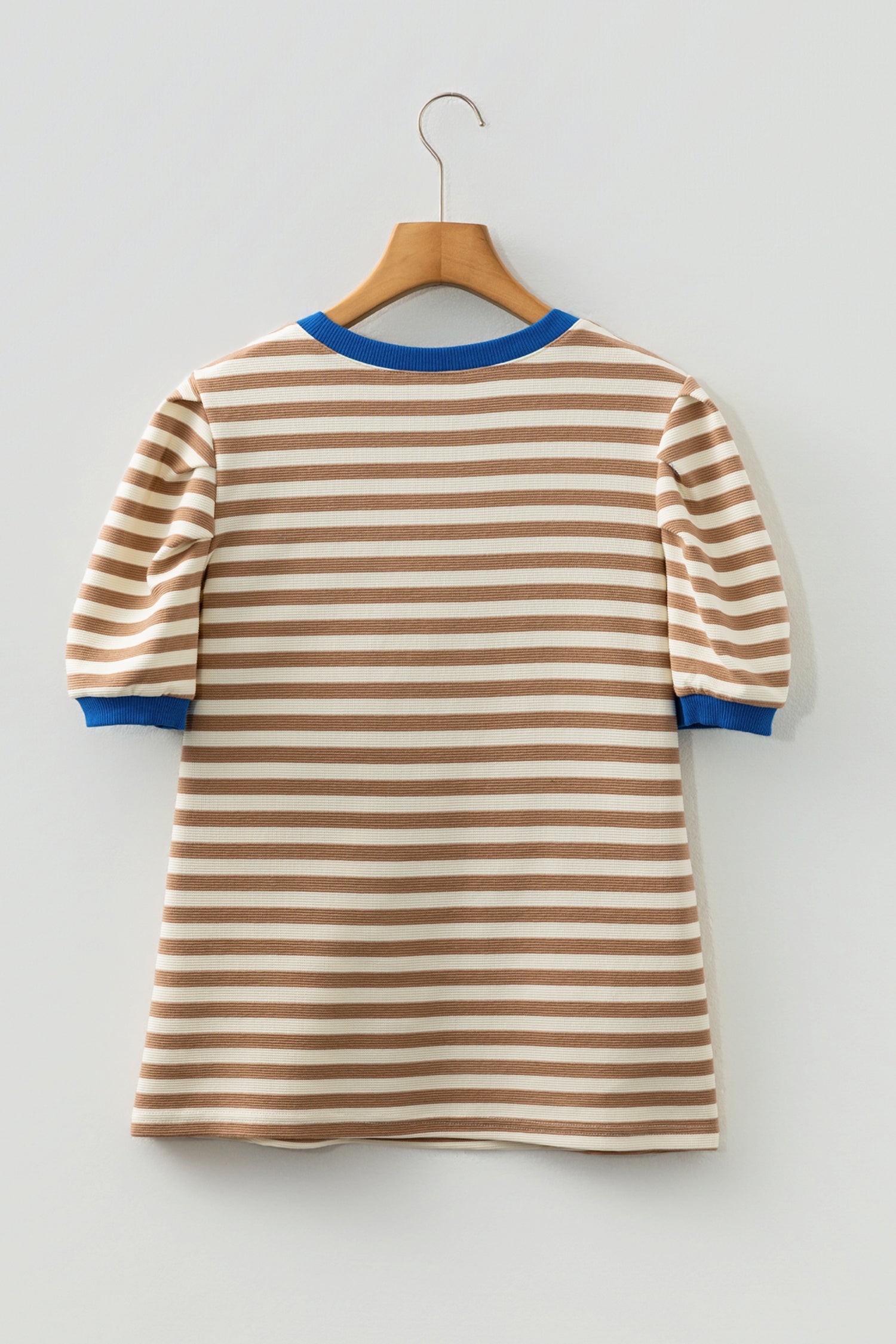 Green Stripe Short Puff Sleeve Contrast Trim Round Neck Tee