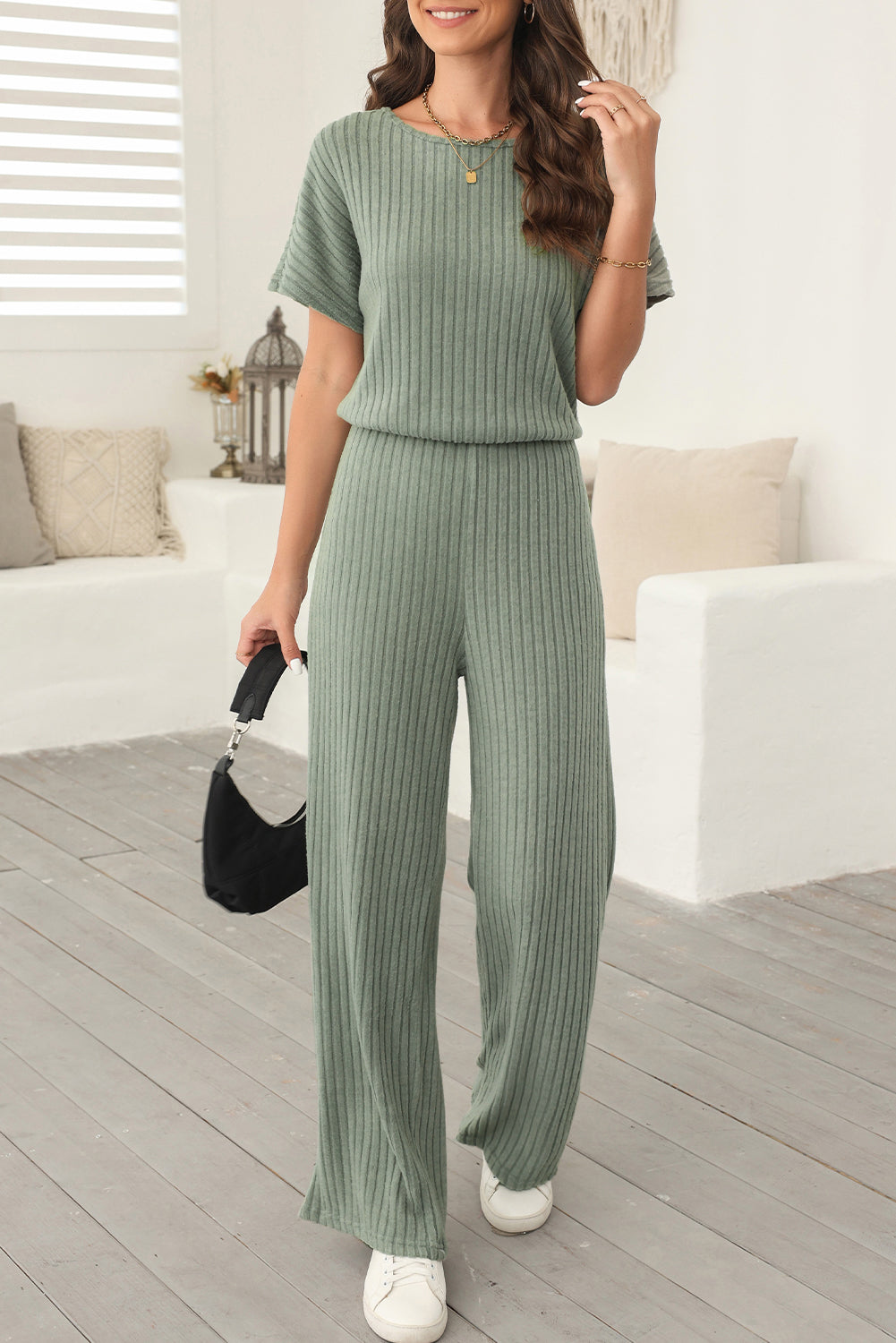 Dark Grey Ribbed Keyhole Short Sleeve Wide Leg Jumpsuit