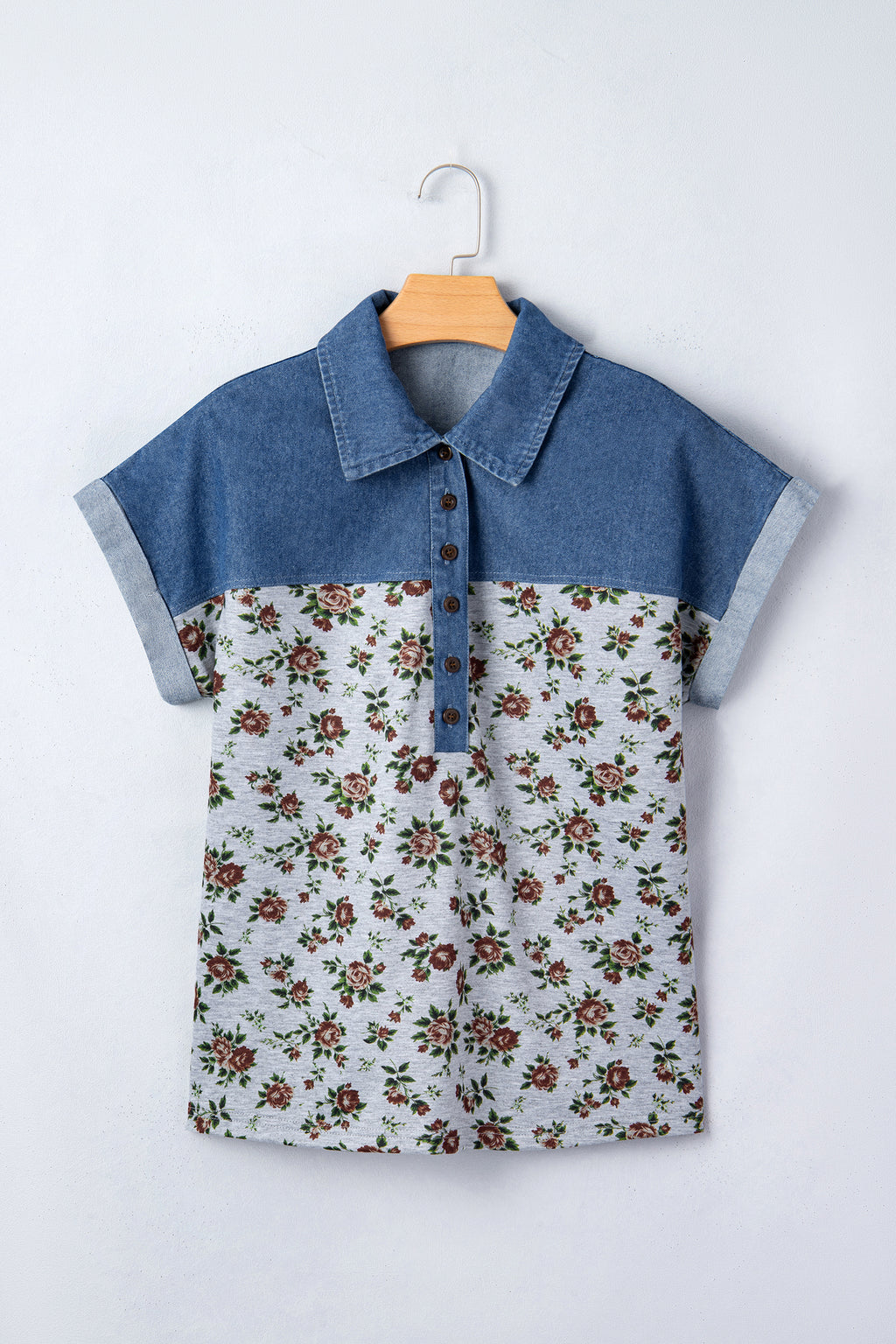 Beige Leopard Patchwork Half Button Short Sleeve Top