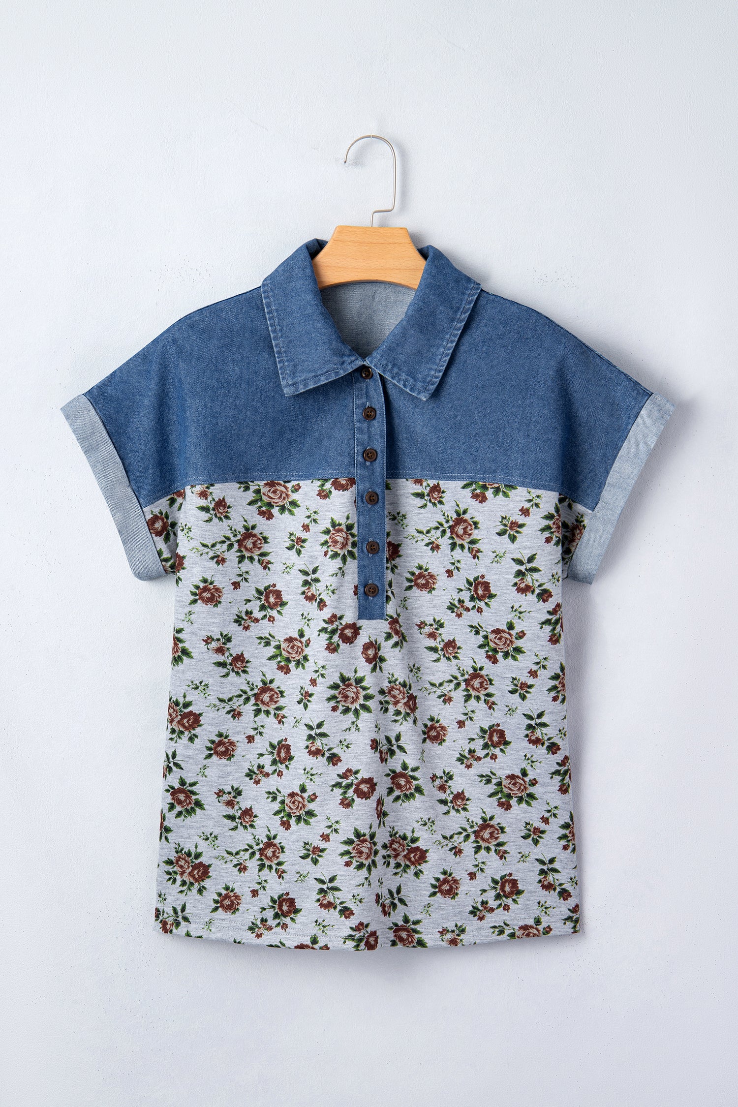 Beige Leopard Patchwork Half Button Short Sleeve Top