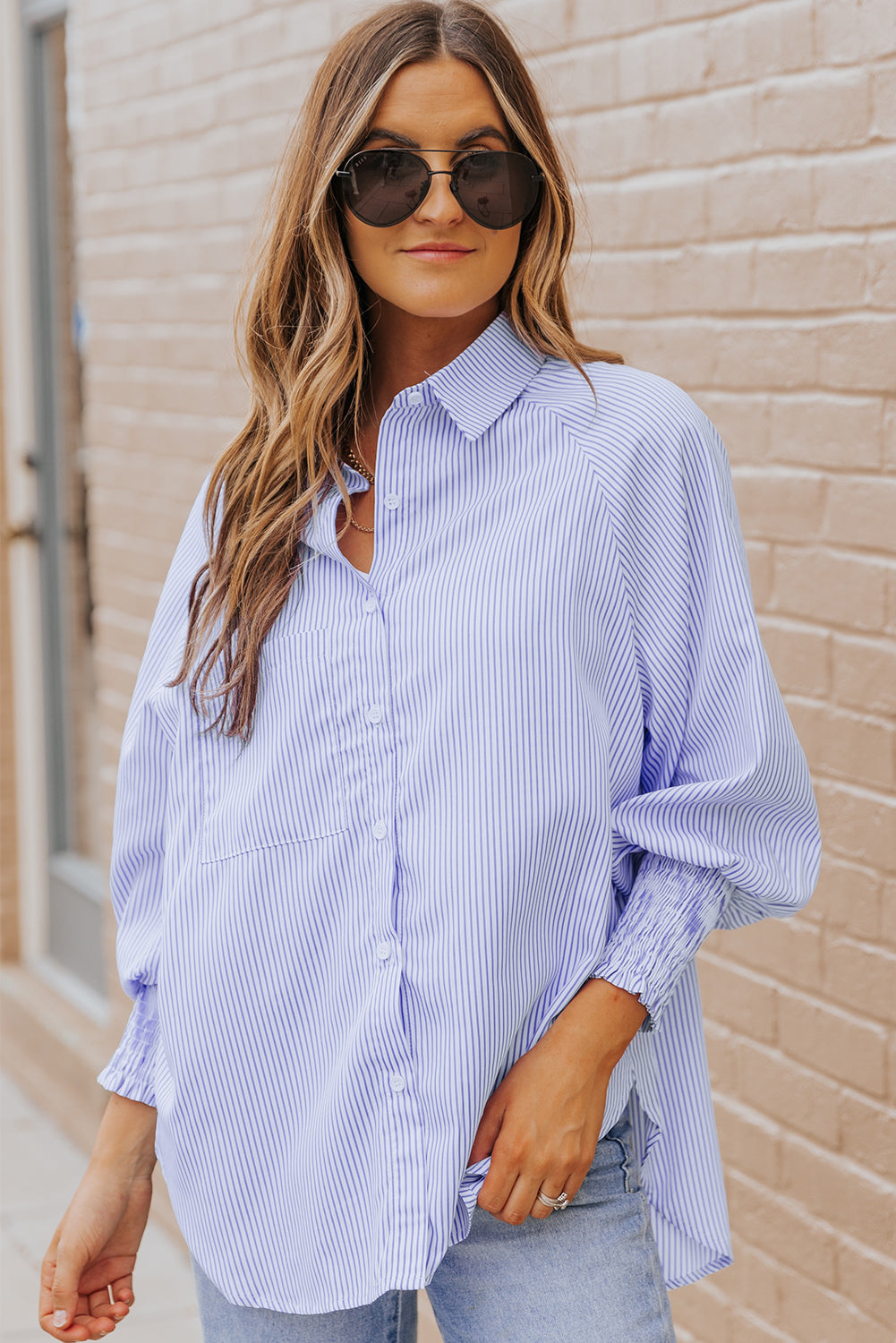 Red Stripe Smocked Cuffed Striped Boyfriend Shirt with Pocket