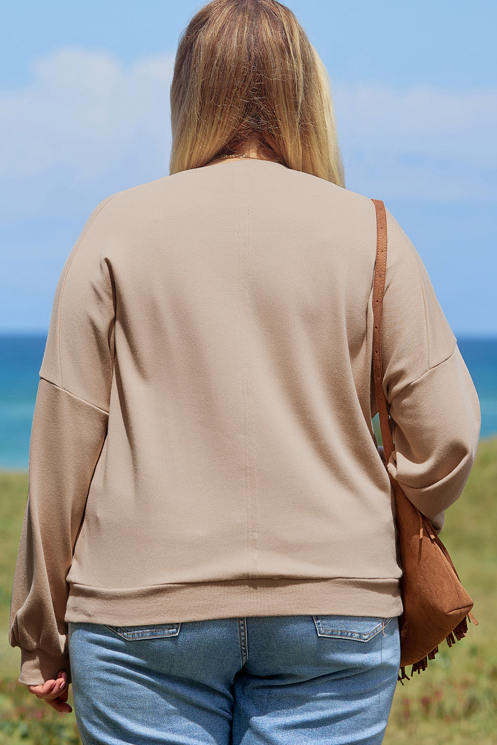 Beige Flower Patch Graphic Exposed Seam Wide Sleeve Top