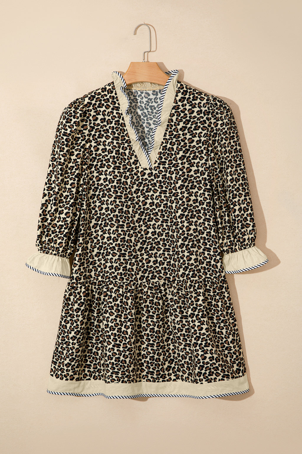 Black Leopard Print Striped Color Block Trim V Neck Bracelet Sleeve Mini Dress