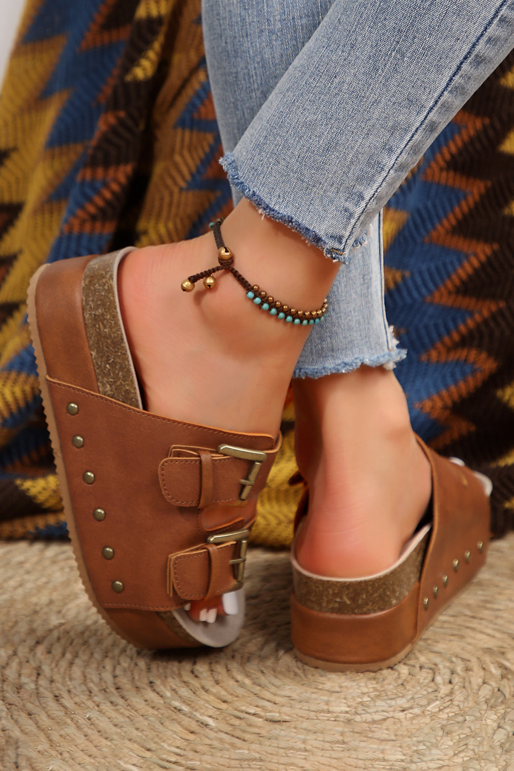 Chestnut Suede Buckle Decor Footbed Sandal Slippers