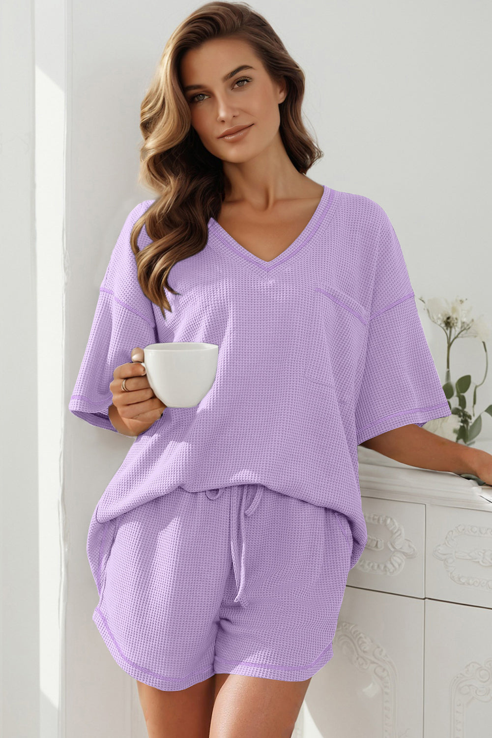 Rose Red Solid Color Waffled V Neck Loose Tee Drawstring Shorts Set