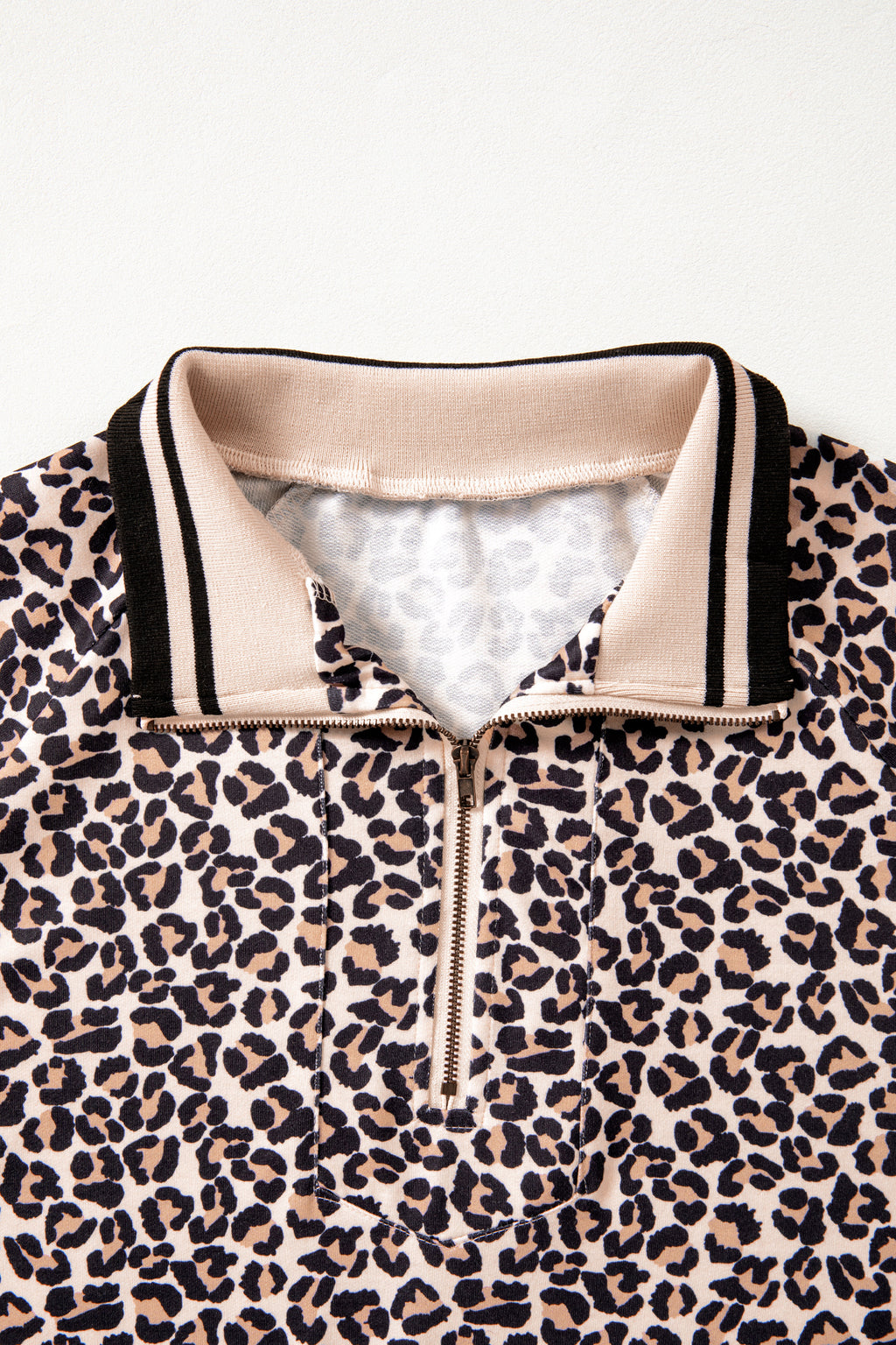 Brown Leopard Print Half Zip Striped Trim Patchwork Short Sleeve Top