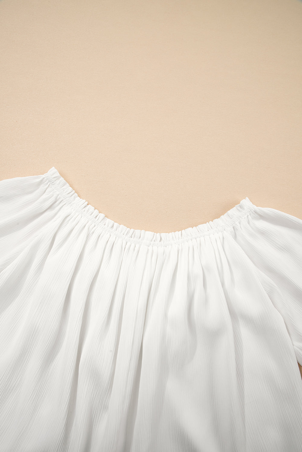 White Frilly Off Shoulder Lace Insert Sleeve Textured Blouse
