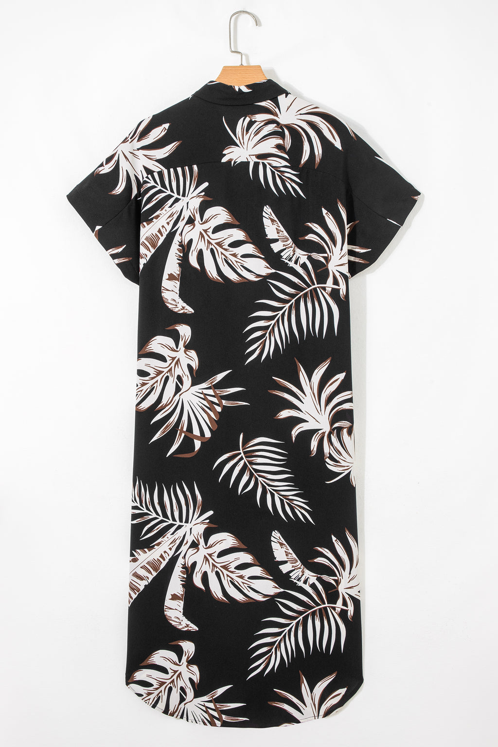 Black Tropical Printed Short Sleeve Beach Coverup Shirt Dress