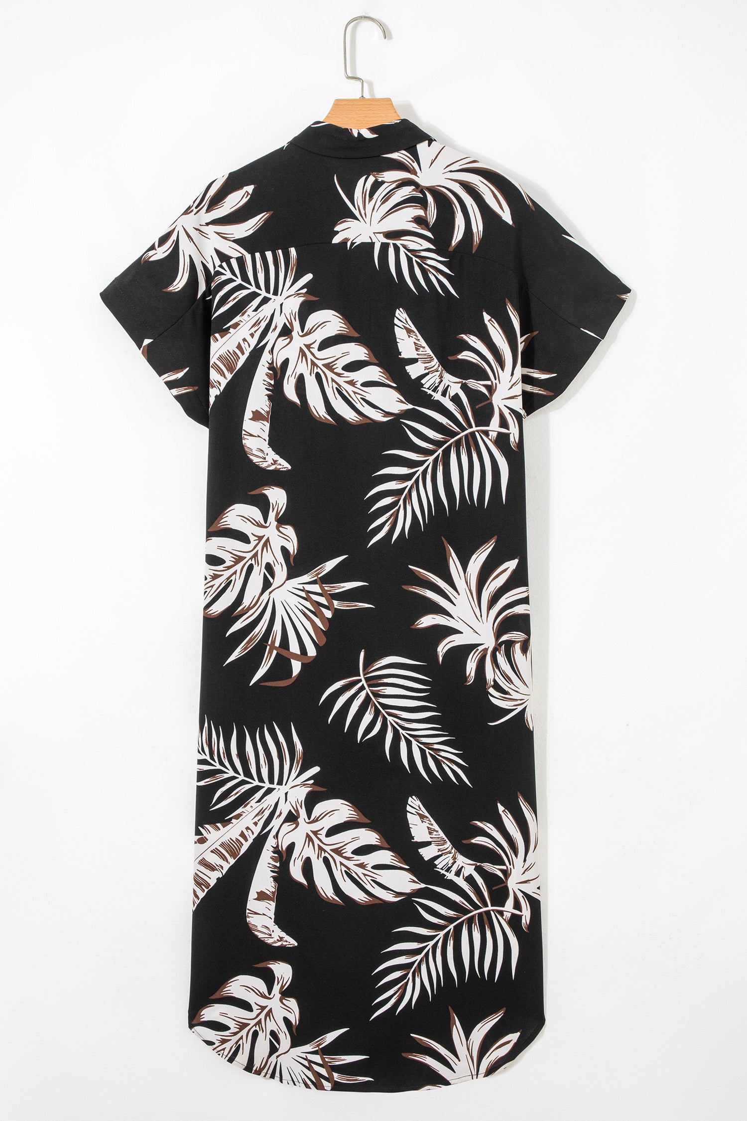 Black Tropical Printed Short Sleeve Beach Coverup Shirt Dress