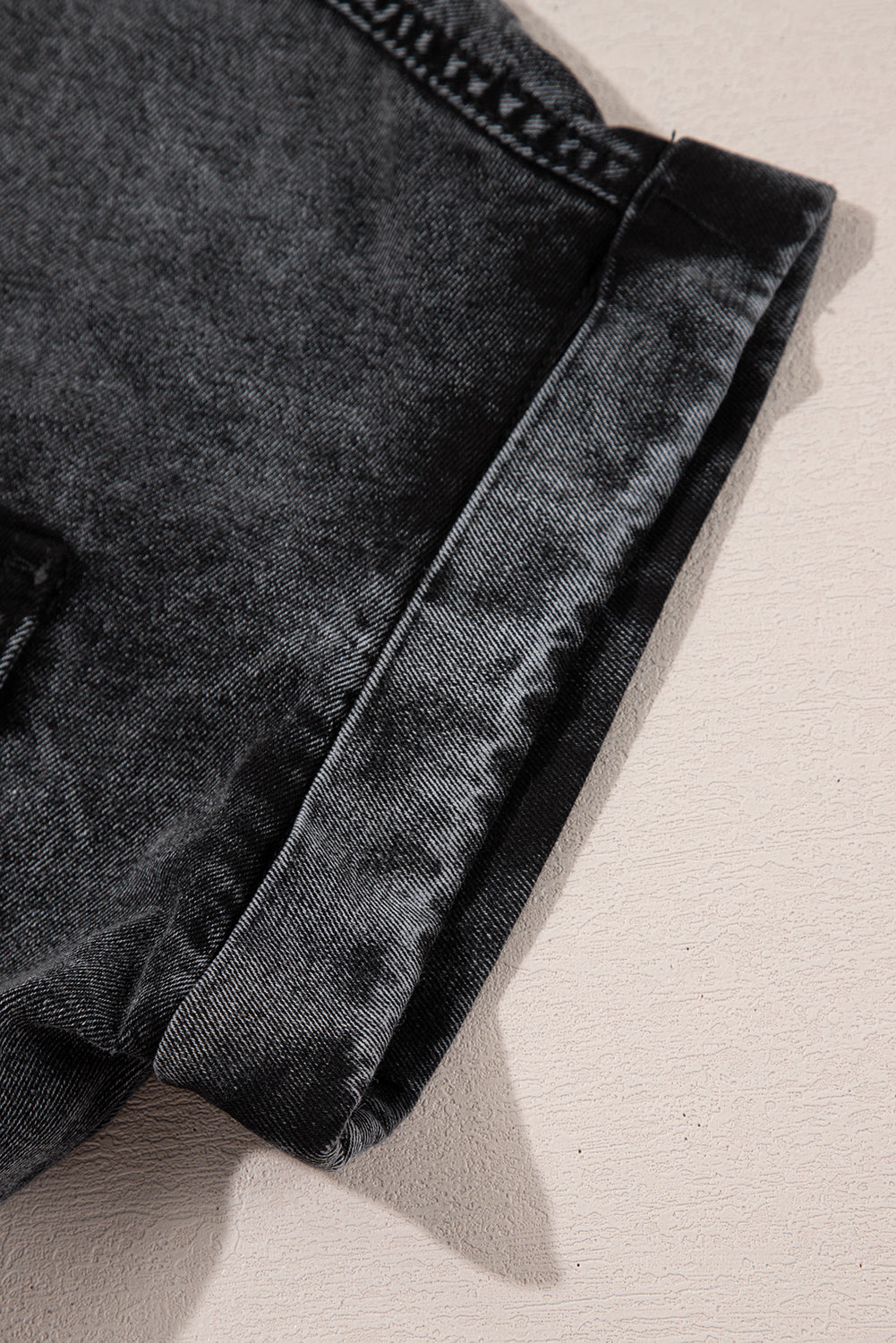 Black Short Sleeve Flap Pocket Button Up Raw Hem Denim Shirt