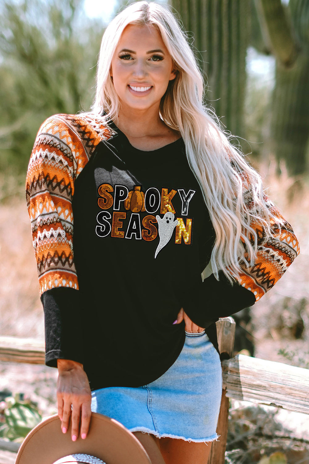 Orange SPOOKY SEASON Sequin Patched Halloween Graphic Contrast Long Sleeve Top