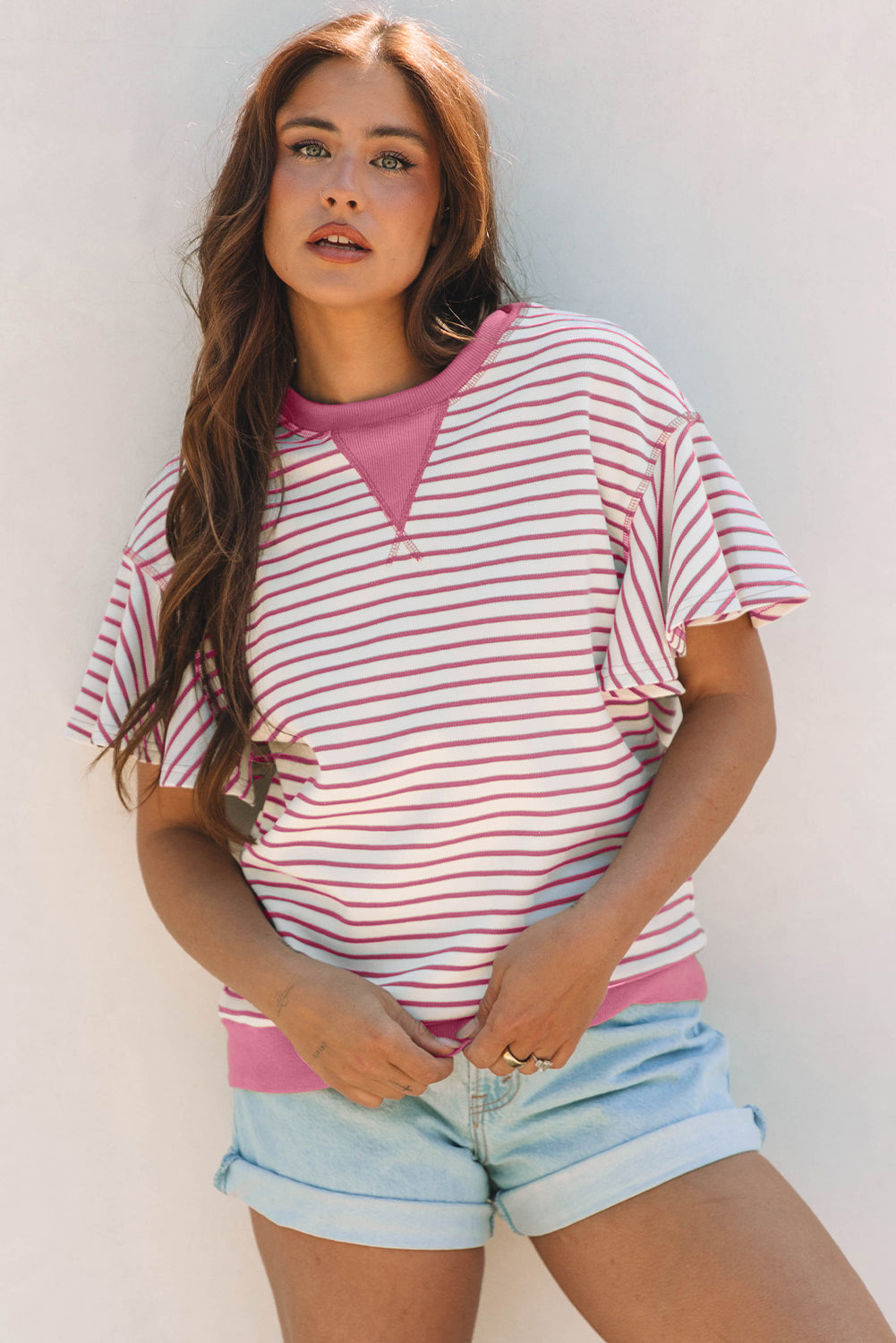 Bright Green Contrast Detail Striped Ruffle Short Sleeve Top