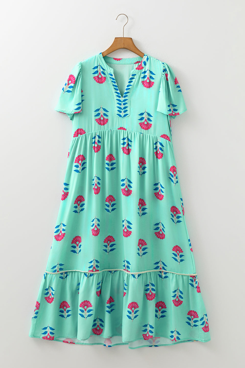 Blue Floral Print Notched Neck Butterfly Sleeve Shift Long Dress