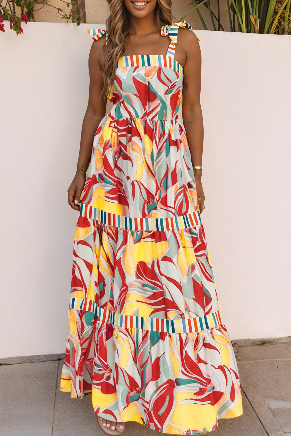 Sky Blue Abstract Print Striped Detail Knot Strap Maxi Dress