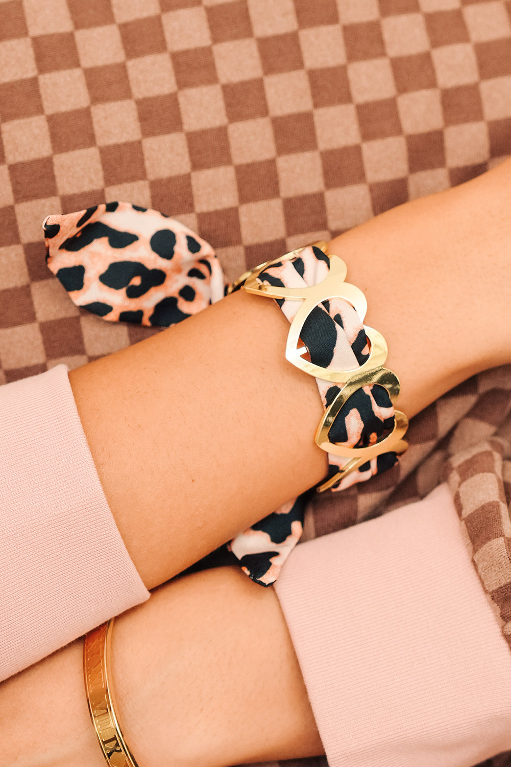 Camel Leopard Ribbon Twine Around Gold Plated Heart Bracelet