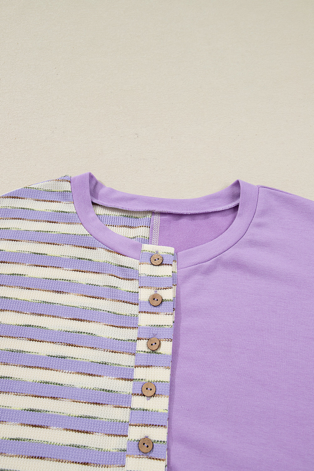 Khaki Stripe Stitched Detail Color Block Patchwork Oversized Pullover Top