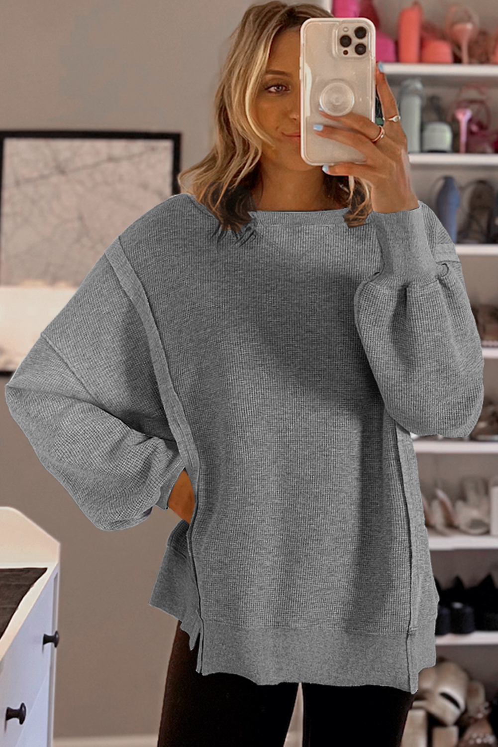 White Waffle knit Bishop Sleeve Split Oversized Top