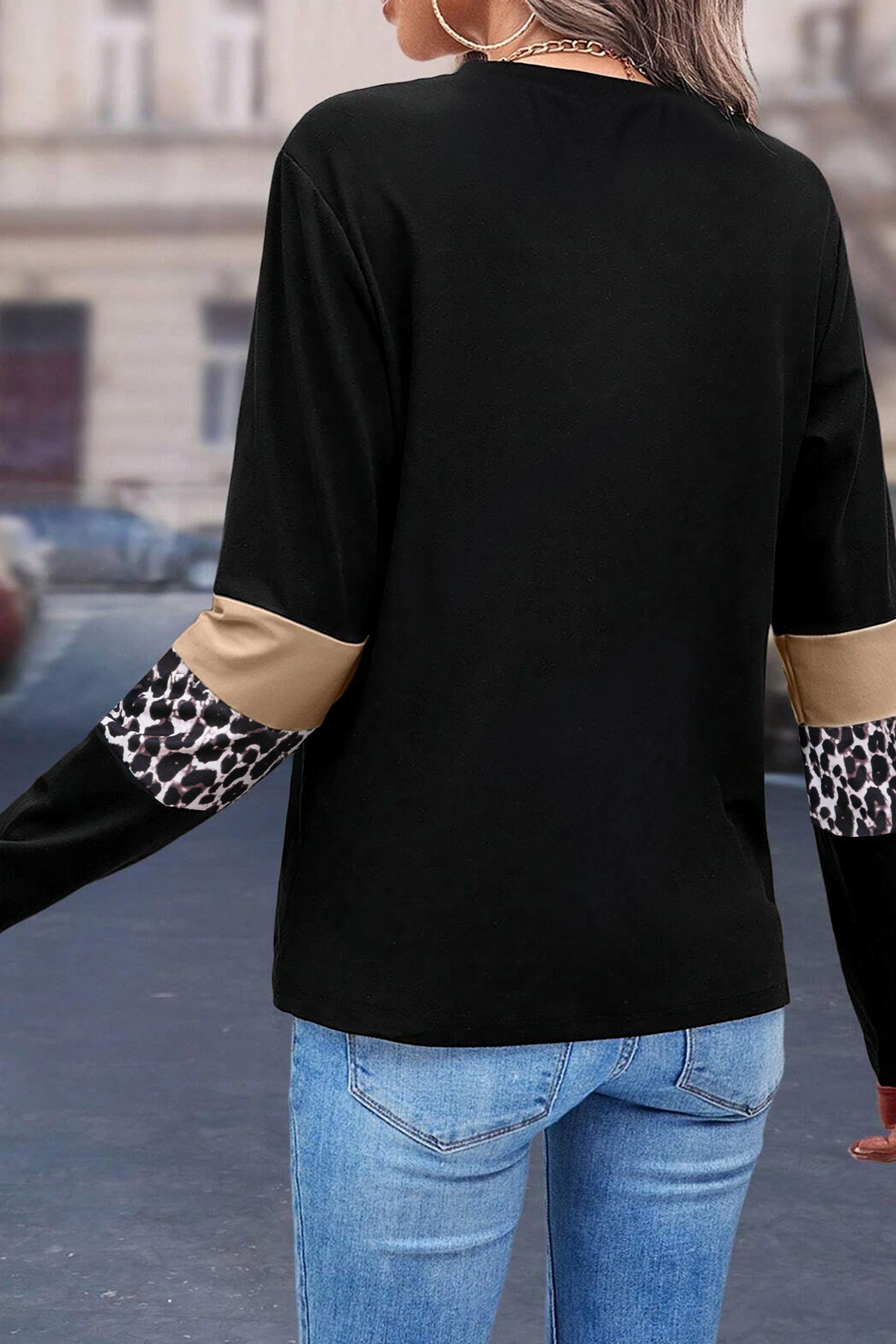 White Leopard Colorblock Patchwork Crew Neck Long Sleeve Tee