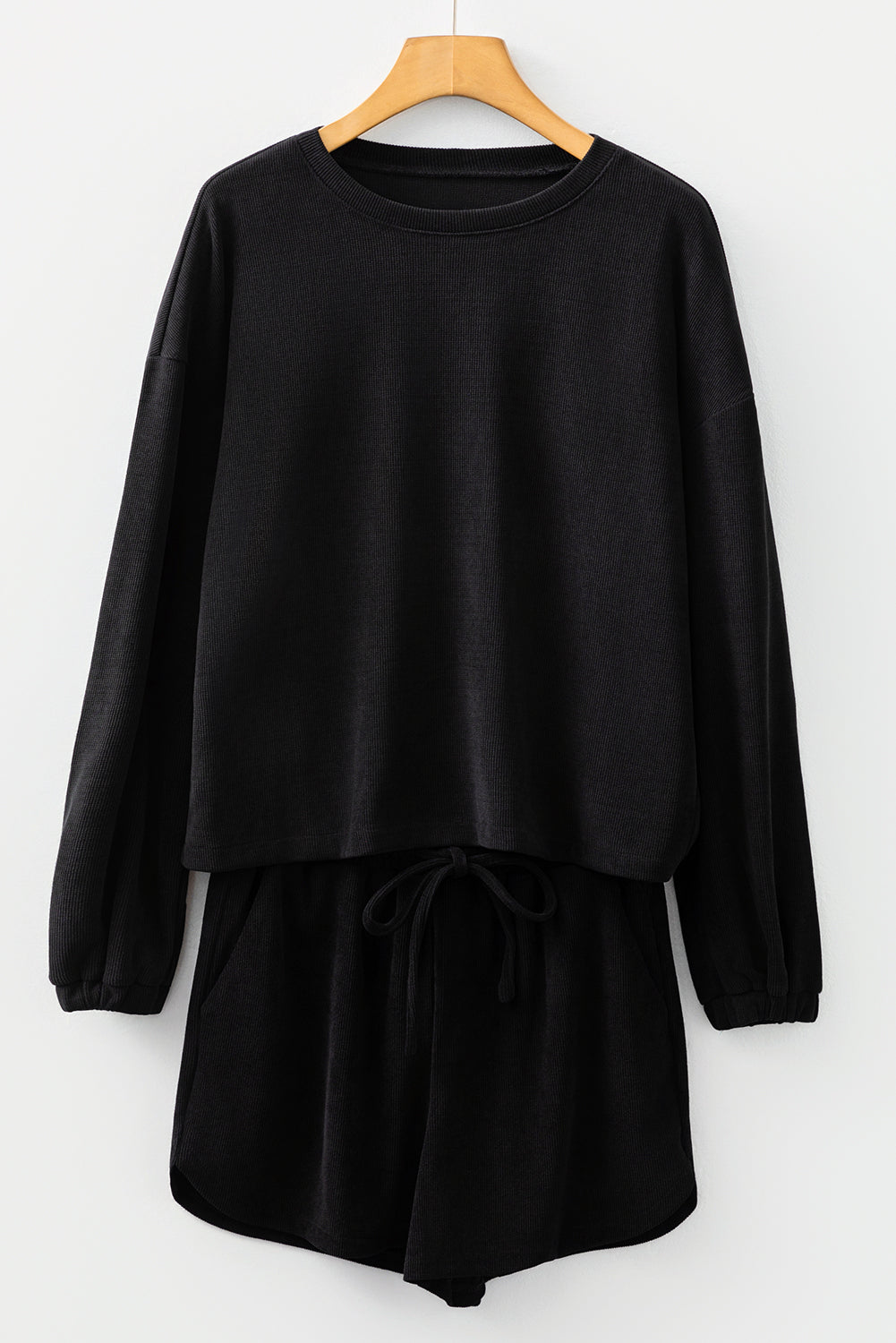 Jet Stream Solid Color Textured Knit Drop Shoulder Pullover Drawstring Shorts Set
