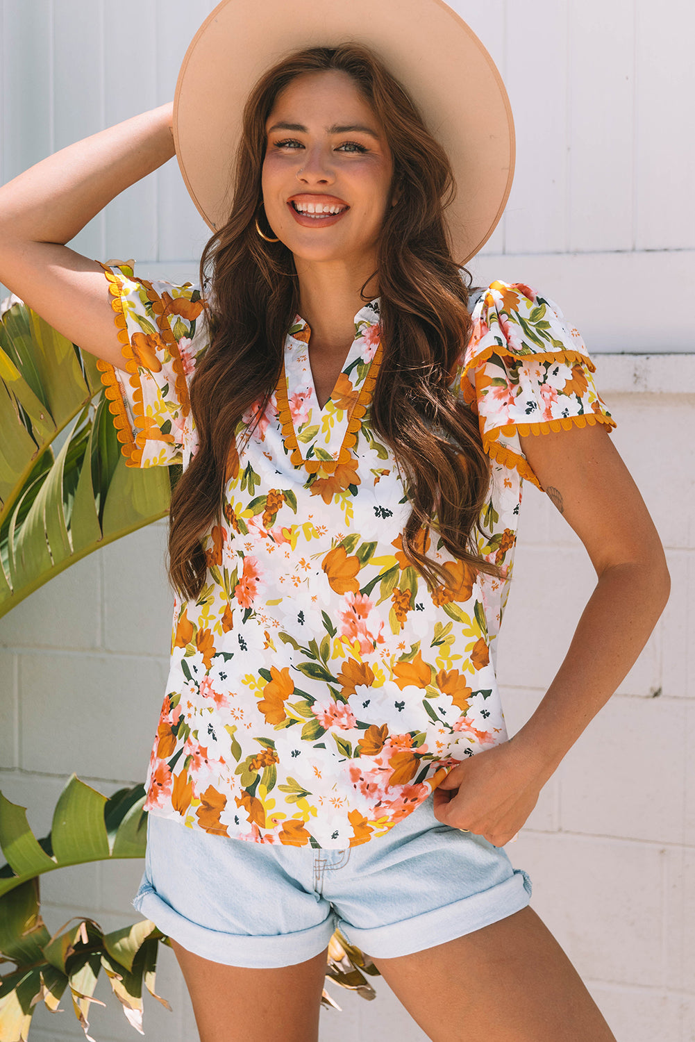 Russet Orange Ruffled V Neck Scalloped Short Sleeve Floral Blouse