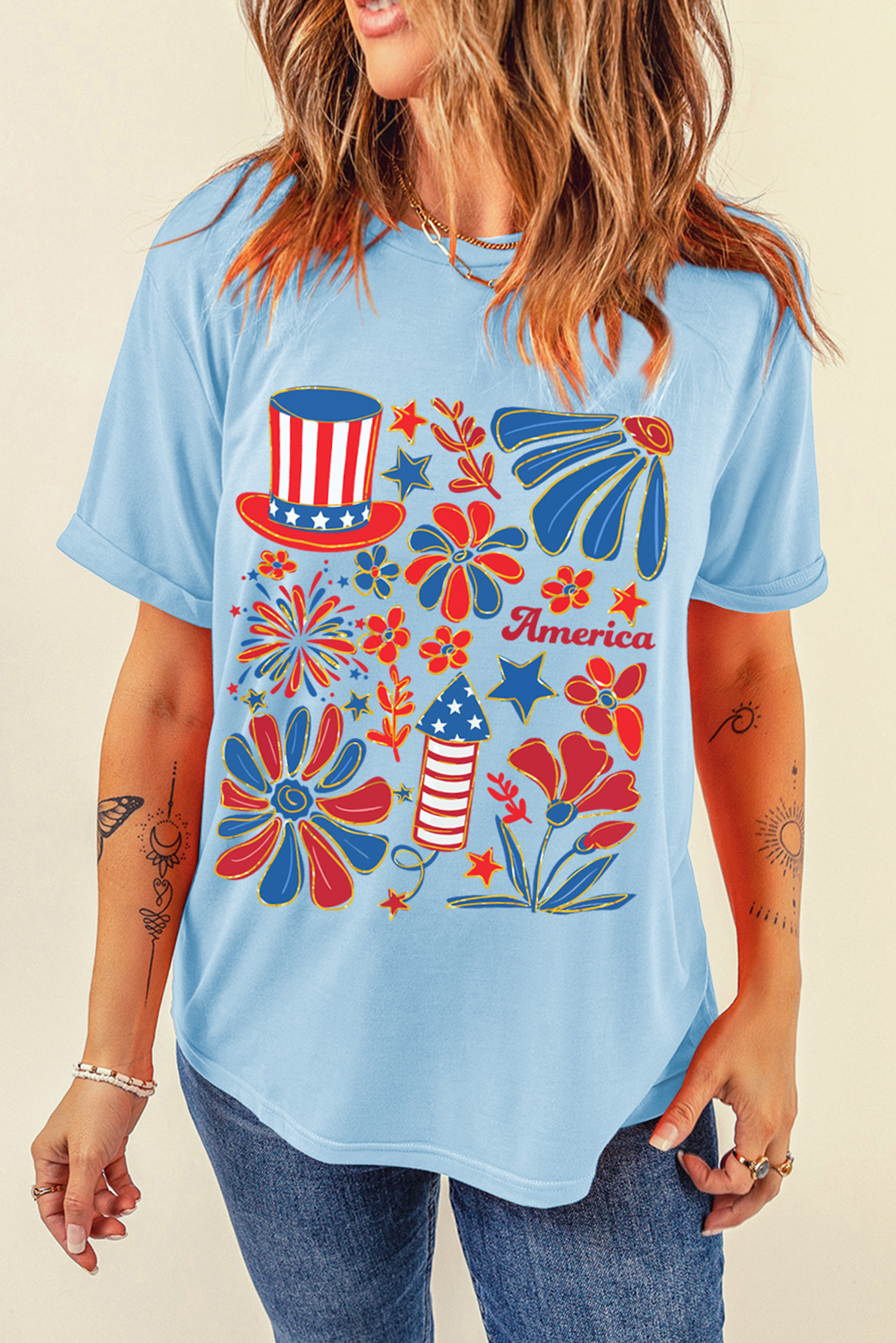 Light Blue America Floral Firework Print 4th of July T Shirt