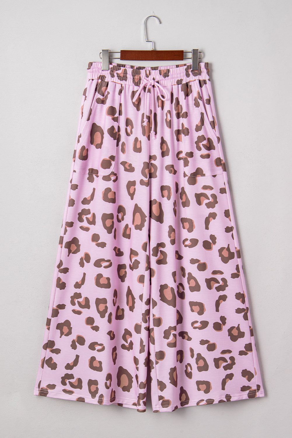 Beige Drawstring Leopard Print Patch Pocket Loose Pants